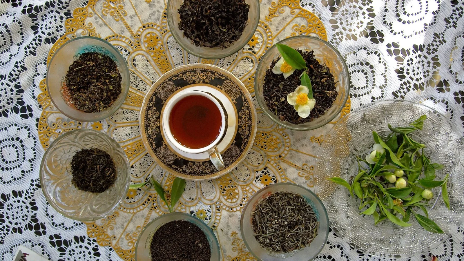 Glass bowls of different black teas around a cup of brewed tea