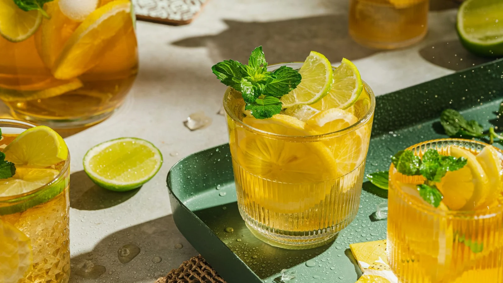 Glasses of iced tea with lemon and lime slices and mint in sunlight