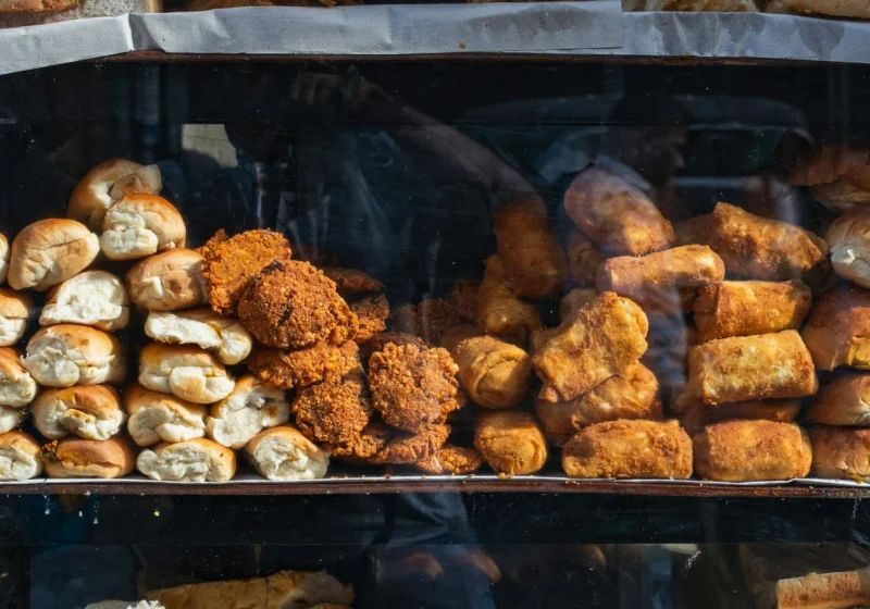A Sri Lankan bakery display of fish buns, cutlets and rolls