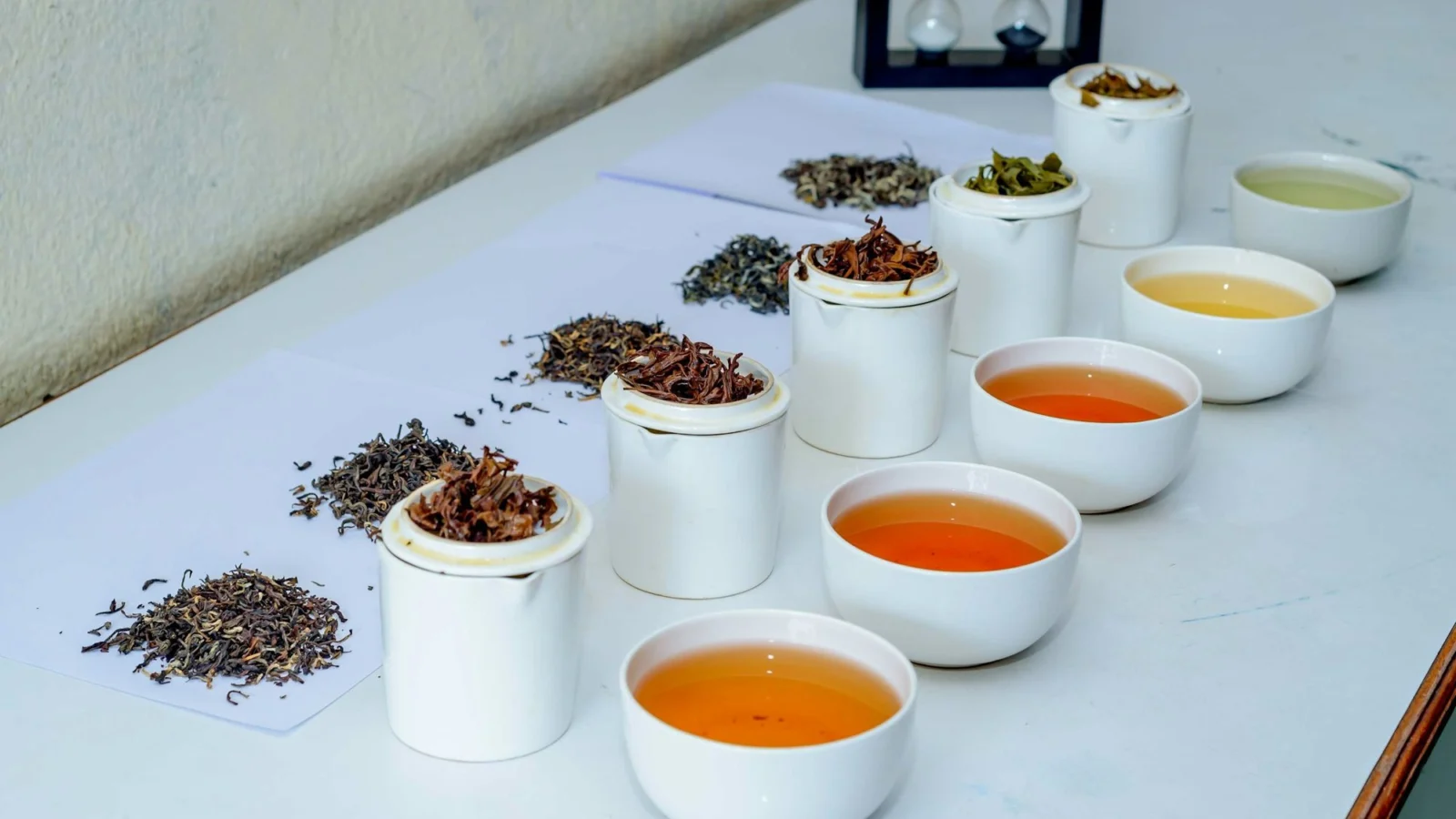 A tea tasting line-up of tasting mugs, bowls of tea and dry leaf samples