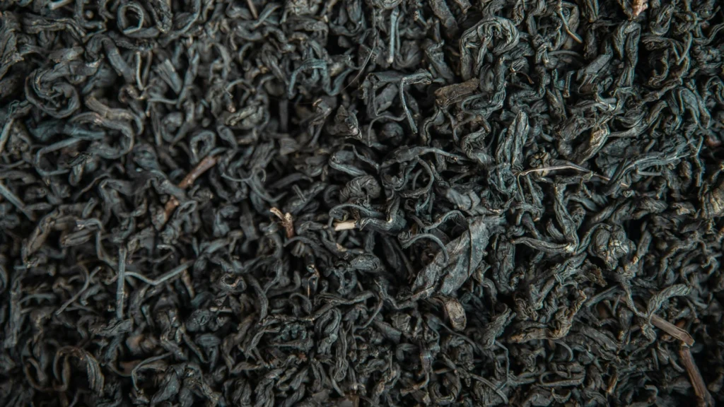 Close-up of wiry, dried whole-leaf Ceylon-style black tea