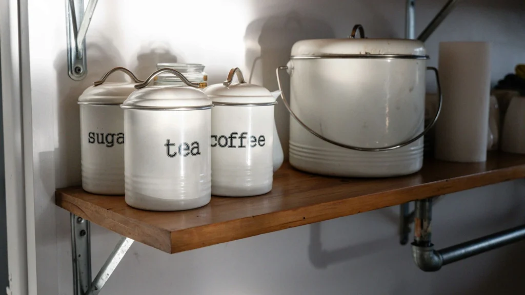 White canisters labelled sugar, tea and coffee on a kitchen shelf